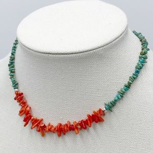 Sterling Silver 925 Turquoise & Coral Branch Chip Necklace